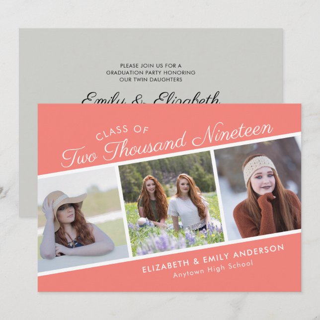 Script Class of 2019 | Coral 3 Photos Graduation Invitation (Front/Back)