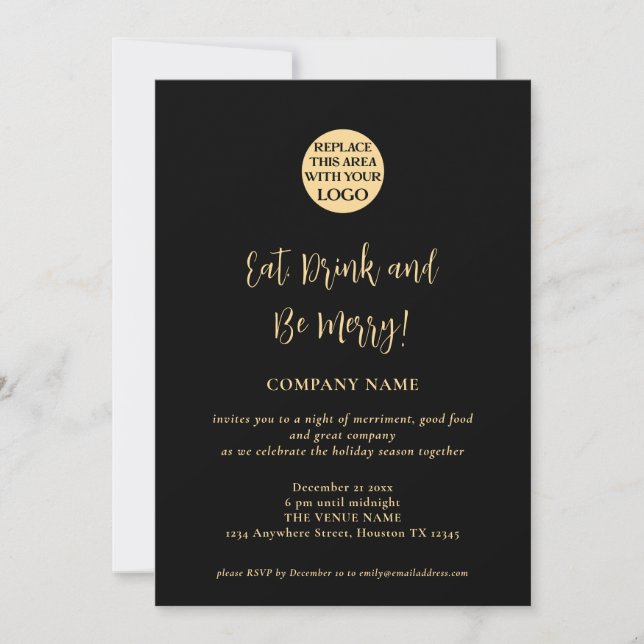 Script Company Logo Christmas Party Gold Black Invitation (Front)