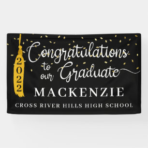 Script Congrats Grad Black Gold Tassel Confetti Banner