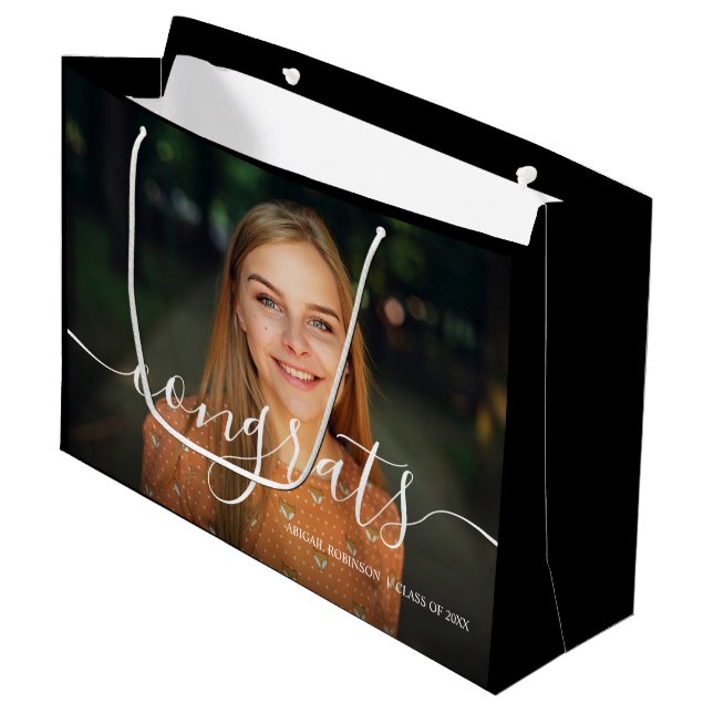 Script Congrats Graduation Photo Custom Large Gift Bag (Front Angled)
