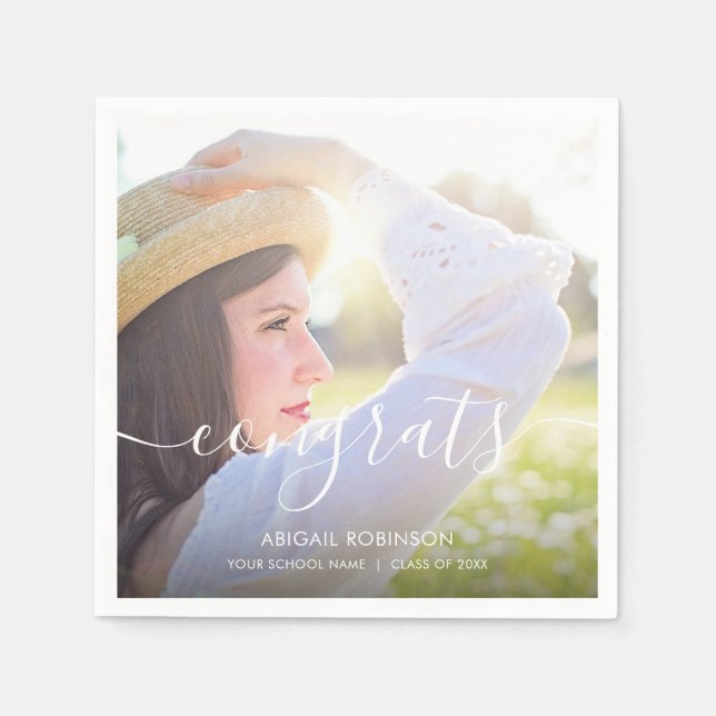 Script Congrats Graduation Photo Custom Napkin (Front)