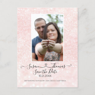 Script Connected Heart Glitter Blush Save the Date Announcement Postcard