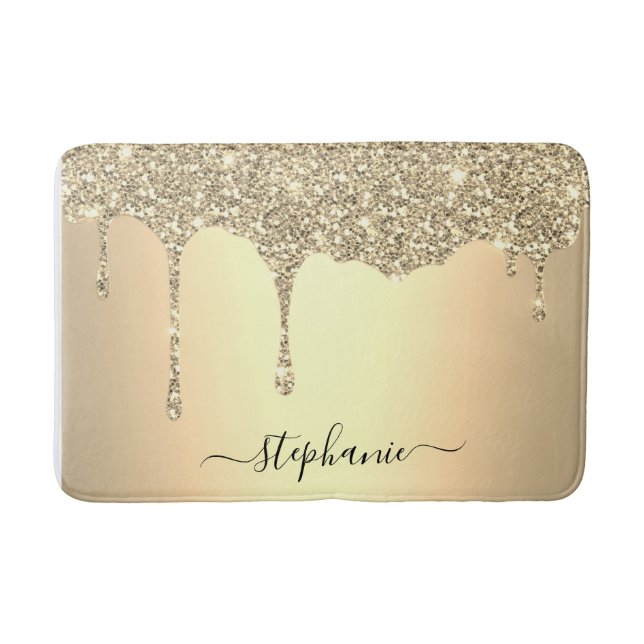 Script Custom Name Gold Glitter Drips Luxury  Bath Mat (Front)