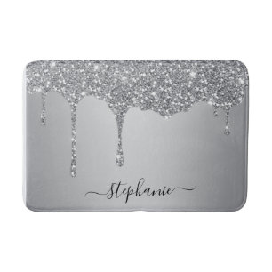 Script Custom Name Silver Glitter Drips Luxury Bath Mat