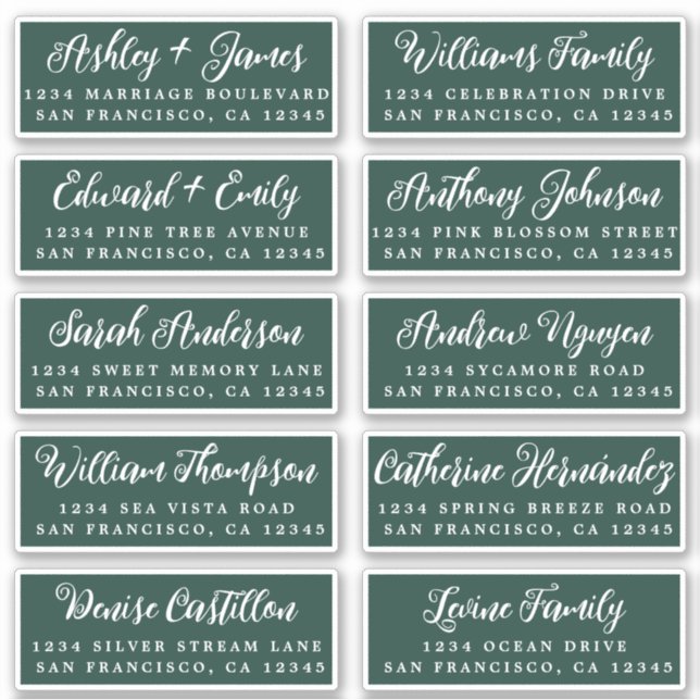 Script Dark Green Wedding Guest Address Labels (Front)