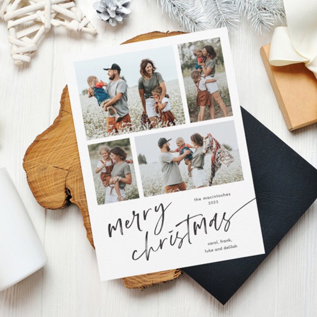Script de collage photo simple Magnet Joyeux Noël (Simple black and white script merry christmas 4 photo holiday magnetic card.)