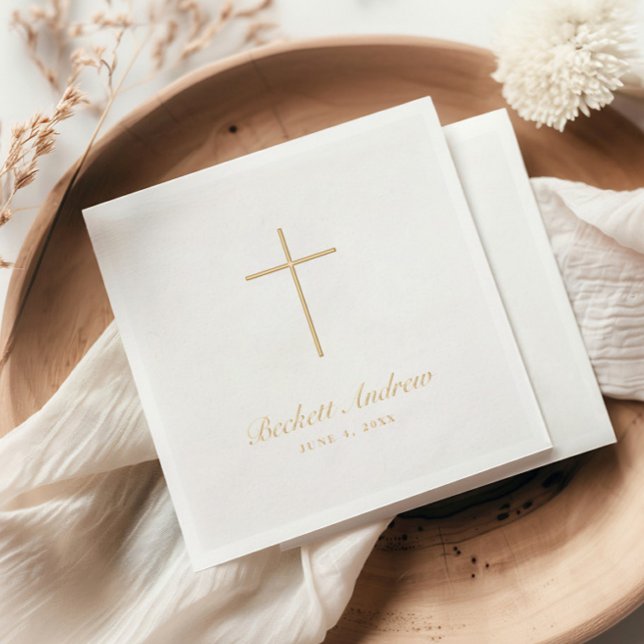 Script de croix or simple (Elegant Gold Foil Cross Simple Baptism Napkins.)
