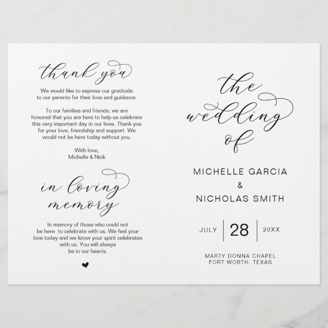 Script de luxe moderne, Programmes de mariage plia (Devant)