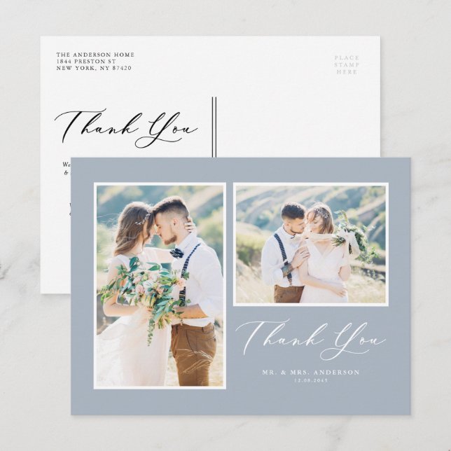 Script Dusty Blue Two Photo Wedding Thank You Postcard (Front/Back)