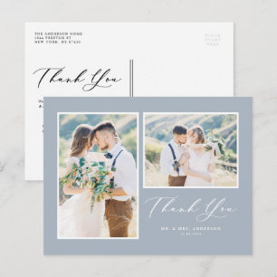 Script Dusty Blue Two Photo Wedding Thank You Postcard