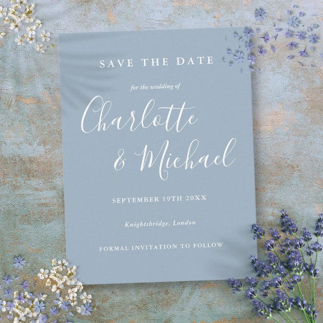Script Dusty Blue Wedding Enregistrer la carte Dat (Script Dusty Blue Wedding Save the Date Card)