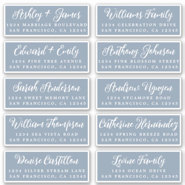 Script Dusty Blue Wedding Guest Address Labels (Front)