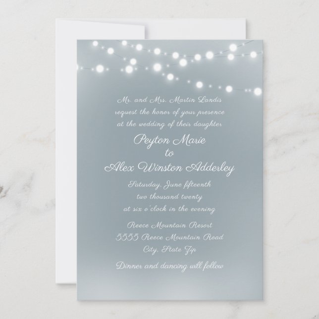 Script Dusty Blue White String Lights Wedding Invitation (Front)
