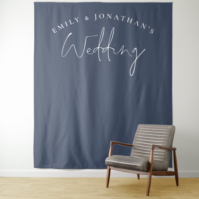 Script Dusty Navy Blue Wedding Photo Background Tapestry (In Situ)