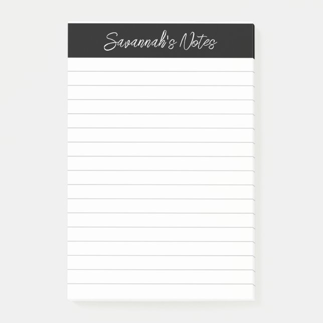 Script Elegant Black Grey Lined Personalized Post-it Notes (Front)