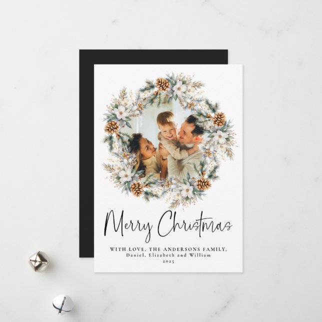 Script Elegant Botanical Wreath | Photo Christmas Holiday Card (Front/Back In Situ)
