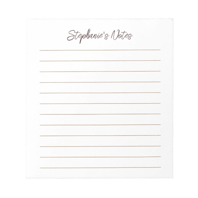  Script Elegant Chocolate Brown Lined Personalized Notepad (Front)