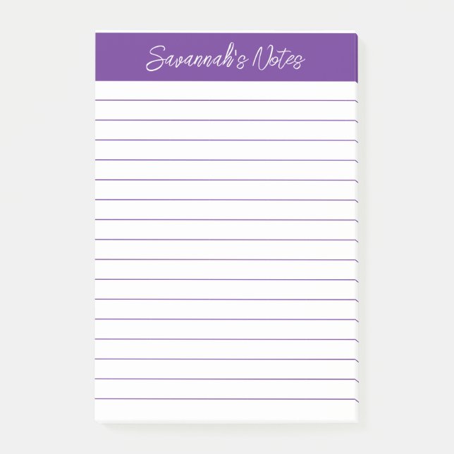Script Elegant Purple Lined Personalized Post-it Notes (Front)