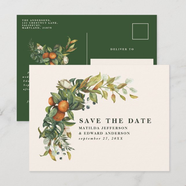 Script elegant wedding citrus botanical modern announcement postcard (Front/Back)