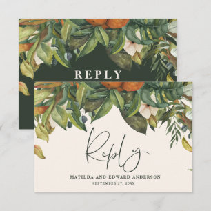 Script elegant wedding citrus botanical modern RSVP card