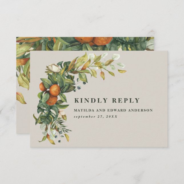 Script elegant wedding citrus botanical modern RSVP card (Front/Back)