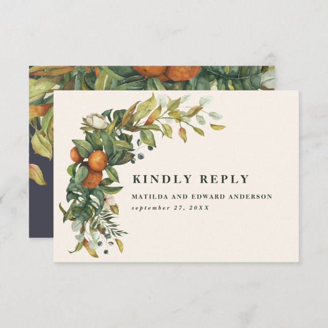 Script elegant wedding citrus botanical modern RSVP card (Front/Back)