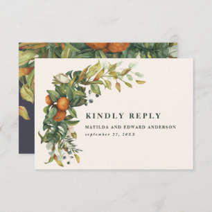 Script elegant wedding citrus botanical modern RSVP card