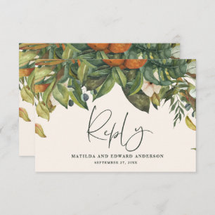 Script elegant wedding citrus botanical modern RSVP card