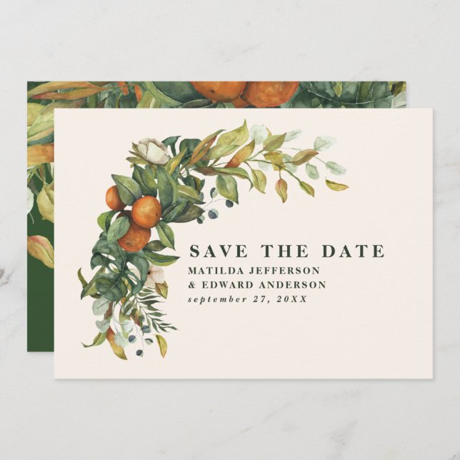 Script elegant wedding citrus botanical modern save the date (Front/Back)