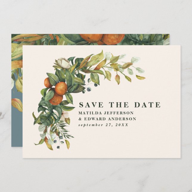 Script elegant wedding citrus botanical modern save the date (Front/Back)