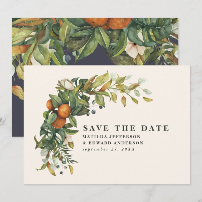 Script elegant wedding citrus botanical modern save the date (Front/Back)