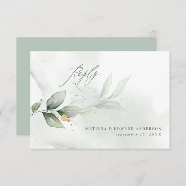 Script elegant wedding eucalyptus botanical modern RSVP card (Front/Back)
