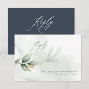 Script elegant wedding eucalyptus botanical navy RSVP card
