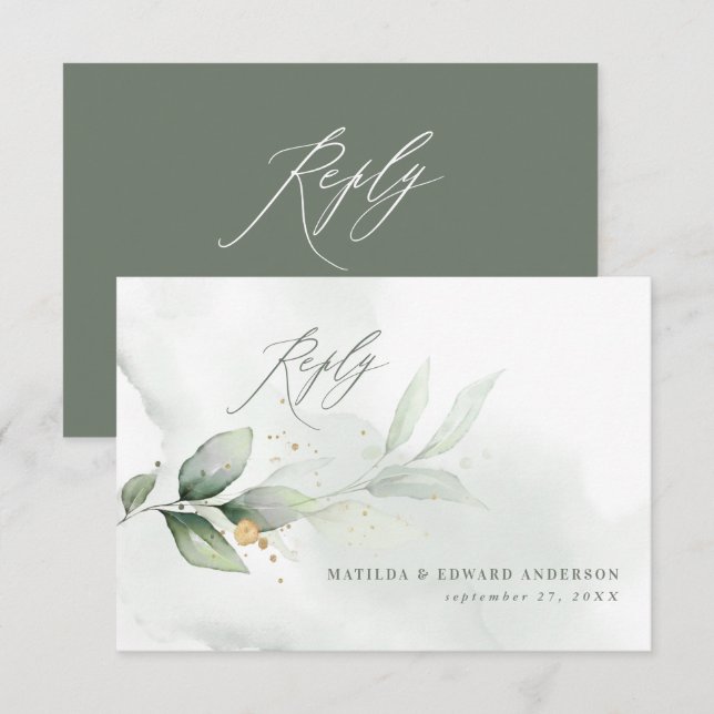 Script elegant wedding green botanical modern RSVP card (Front/Back)