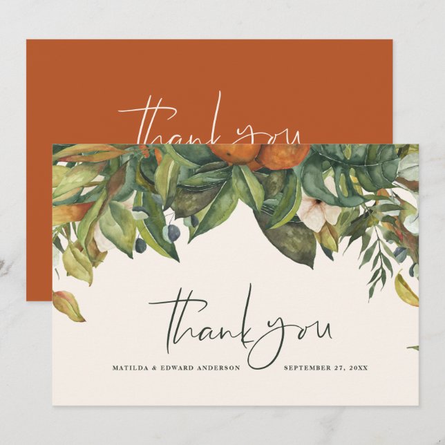 Script elegant wedding thank you citrus botanical (Front/Back)