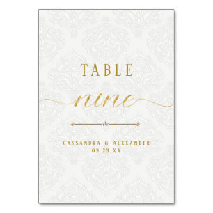 Script Elegant White Lace Gold Wedding Nine 9 Table Number