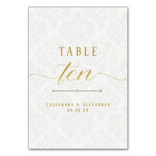 Script Elegant White Lace Gold Wedding Ten 10 Table Number