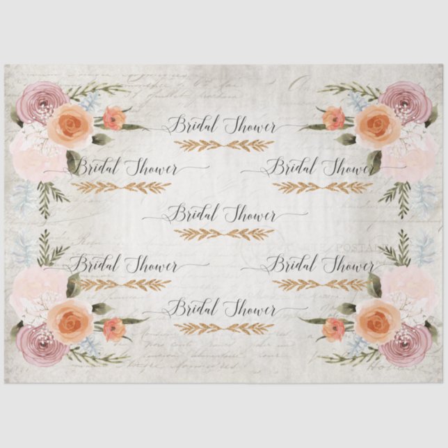 Script Ephemera Watercolor Floral Bridal Shower Tissue Paper (Front)