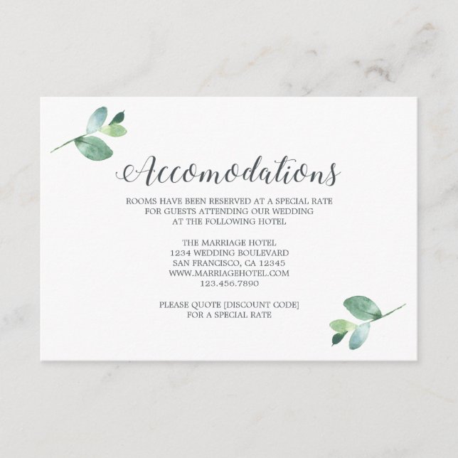 Script Eucalyptus Foliage Wedding Accommodations Enclosure Card (Front)