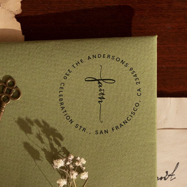 Script Faith Cross Round Return Address Self-inking Stamp (Rubber Stamp Mock-up)