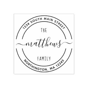 Script Family Name 8 Round Custom Return Address Rubber Stamp