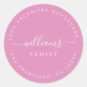 Script Family Name Fuchsia Pink Return Address Classic Round Sticker