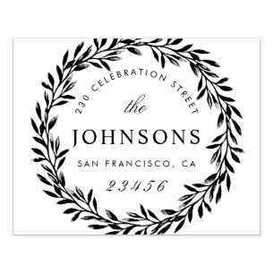Script Family Name Return Address Botanical Wreath Rubber Stamp