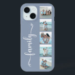 Script Family Photo Dusty Blue iPhone 15 Case<br><div class="desc">Create your own custom 5 photo iPhone 15 case. The design features a grid style photo collage with 5 of your favourite photos of and your family, the word "family" in a modern script font with hearts. The photo template is set up ready for you to add your photos, working...</div>