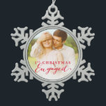 Script First Christmas Engaged Holiday Photo Snowflake Pewter Christmas Ornament<br><div class="desc"></div>