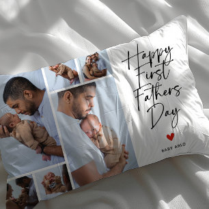 Script First Father's Day Photo Collage Gift Lumbar Pillow