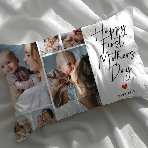 Script First Mother's Day Photo Collage Gift Lumbar Pillow