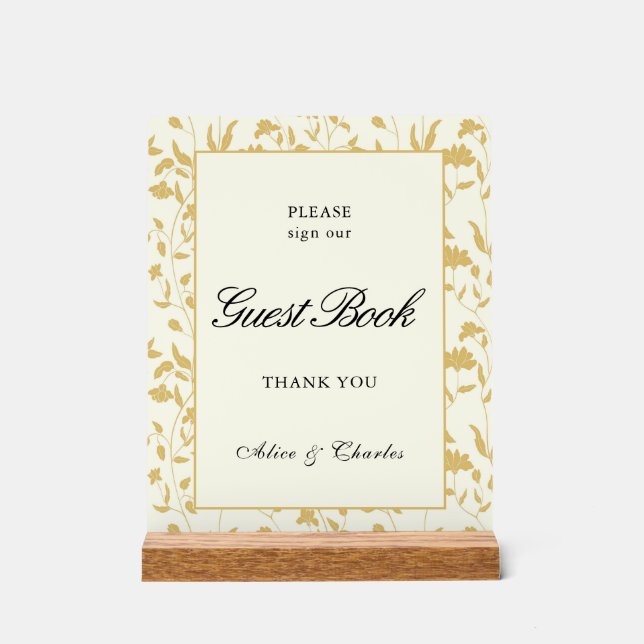 Script Floral Cream and Gold Guest Book Sign  (Front)
