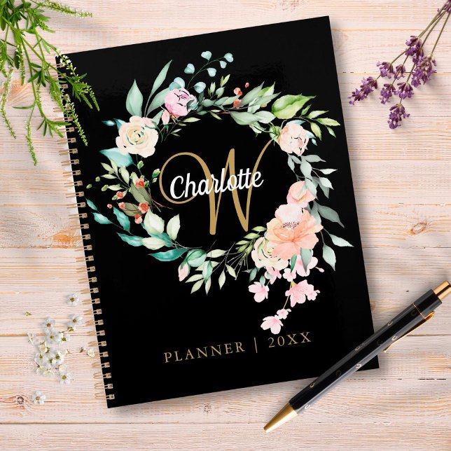 Script Floral rose Monogramme Black Gold 2023 (Créateur téléchargé)