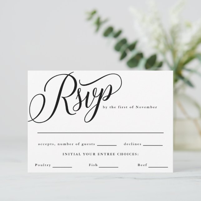 Script Flourish Modern Black Food Choices RSVP Card (Standing Front)